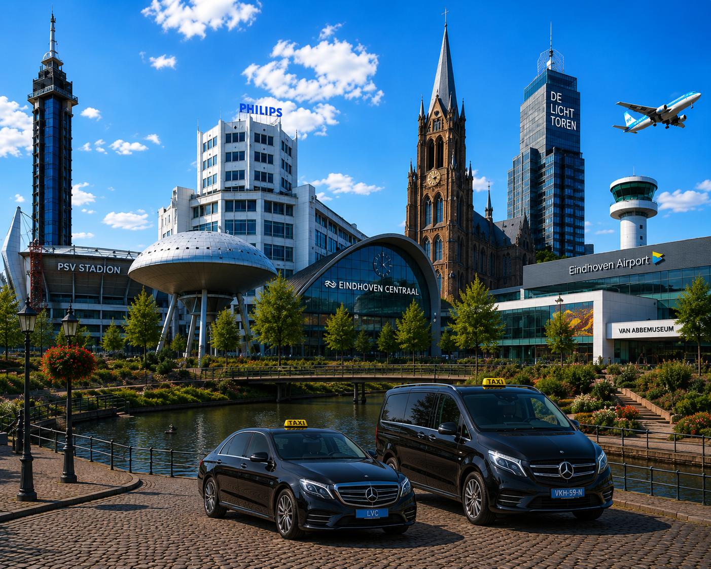 LVC taxi's voor Eindhoven Centraal met PSV Stadion, Philips, De Lichttoren, Van Abbemuseum en Eindhoven Airport